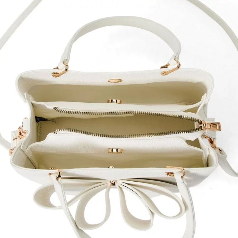 NEW!!! 3D Bow Vegan Leather 3-Way Wear White Satchel, Crossbody, & Shoulder Bag - Picture 7 of 16